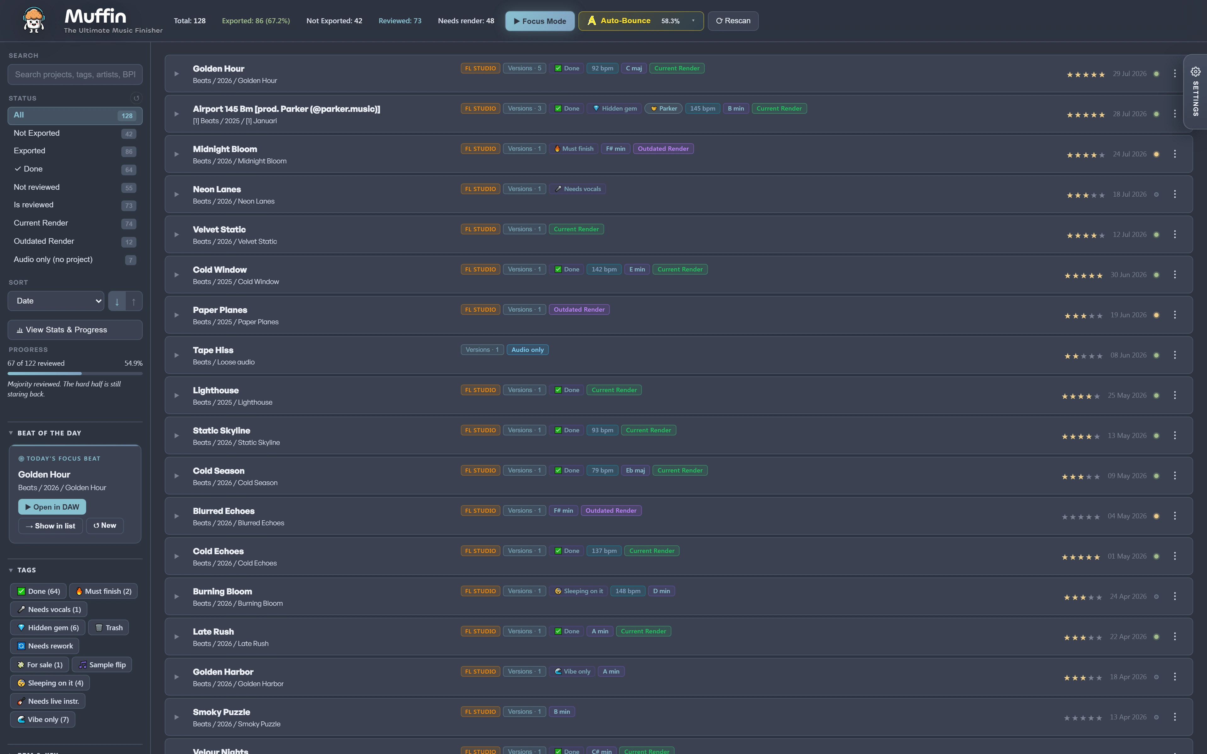 Muffin beat library organizer — every music project rated, tagged and render-checked