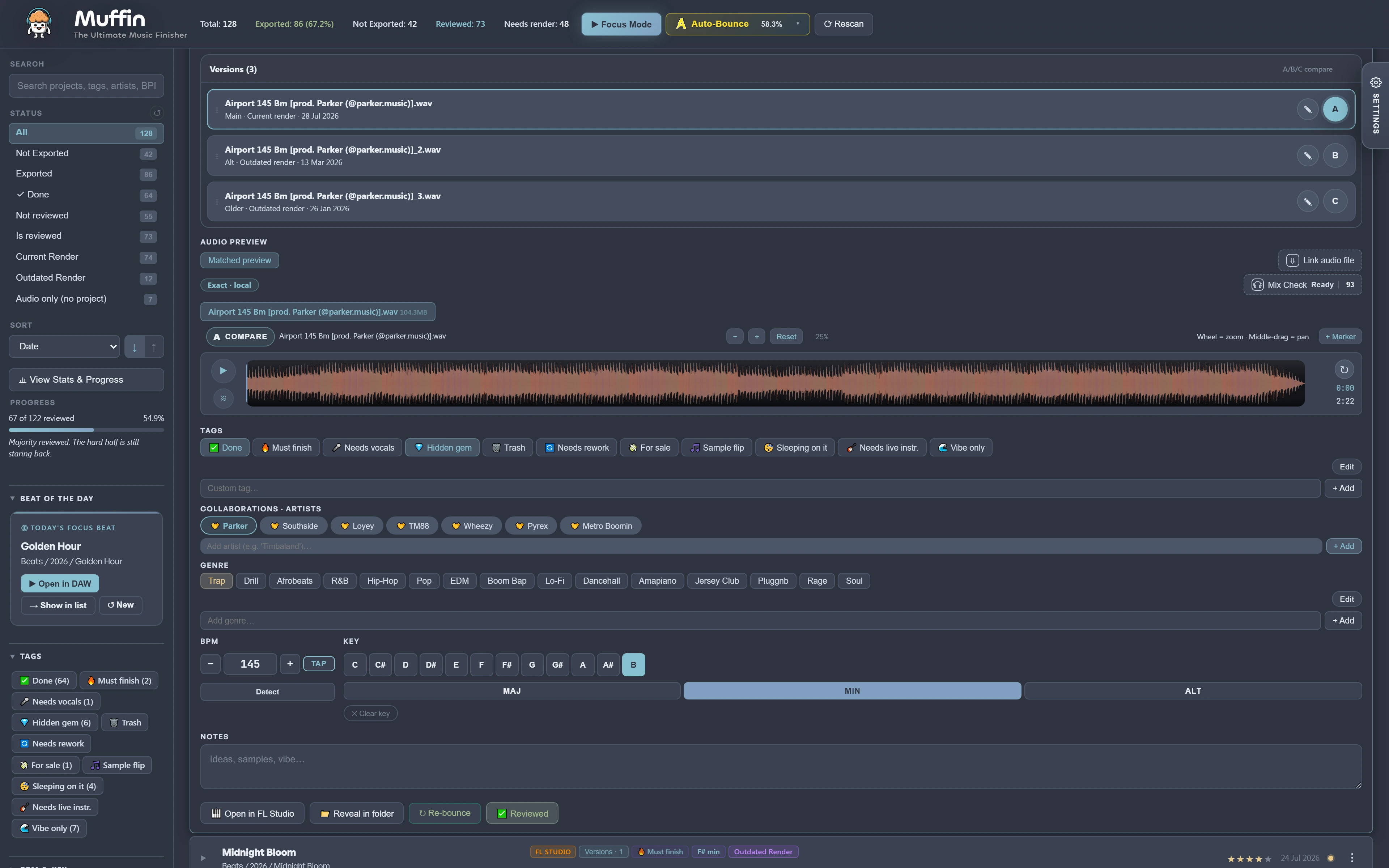 Muffin beat preview — tri-band waveform player to audition beats before opening the DAW