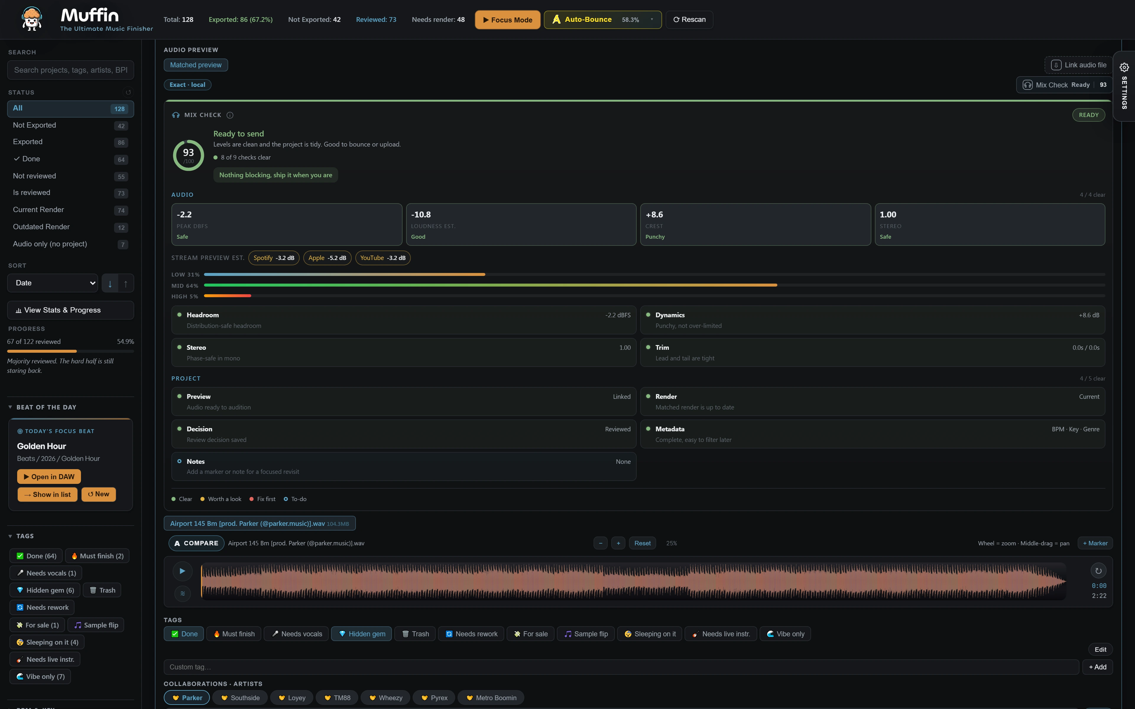 Muffin Mix Check — LUFS loudness, peak, stereo and dynamics analyzer with release-readiness score
